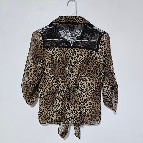 Wet Seal Chiffon Top Women's Small Leopard Print Sheer Lace Tie Front Vintage - Picture 2 of 5